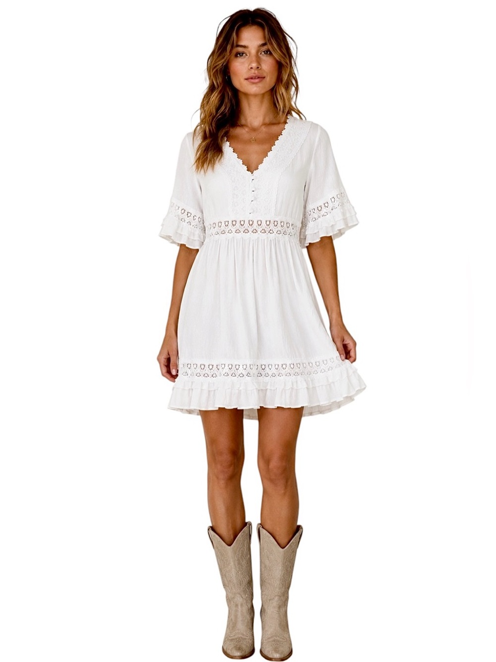 Papillon - White Lace Babydoll Mini Dress Ruffle Sleeve V-Neck - Sz. M